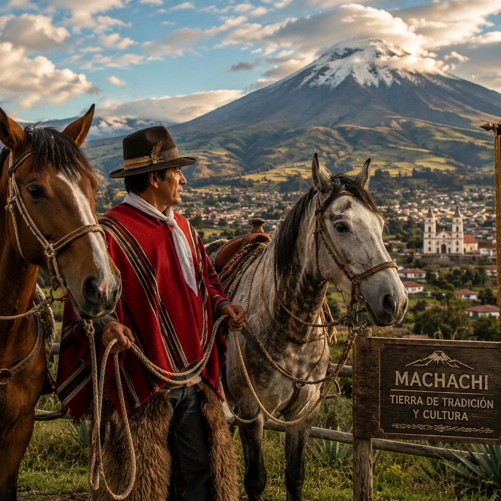 Jinete chagra con caballos frente al volcán Cotopaxi, en Machachi