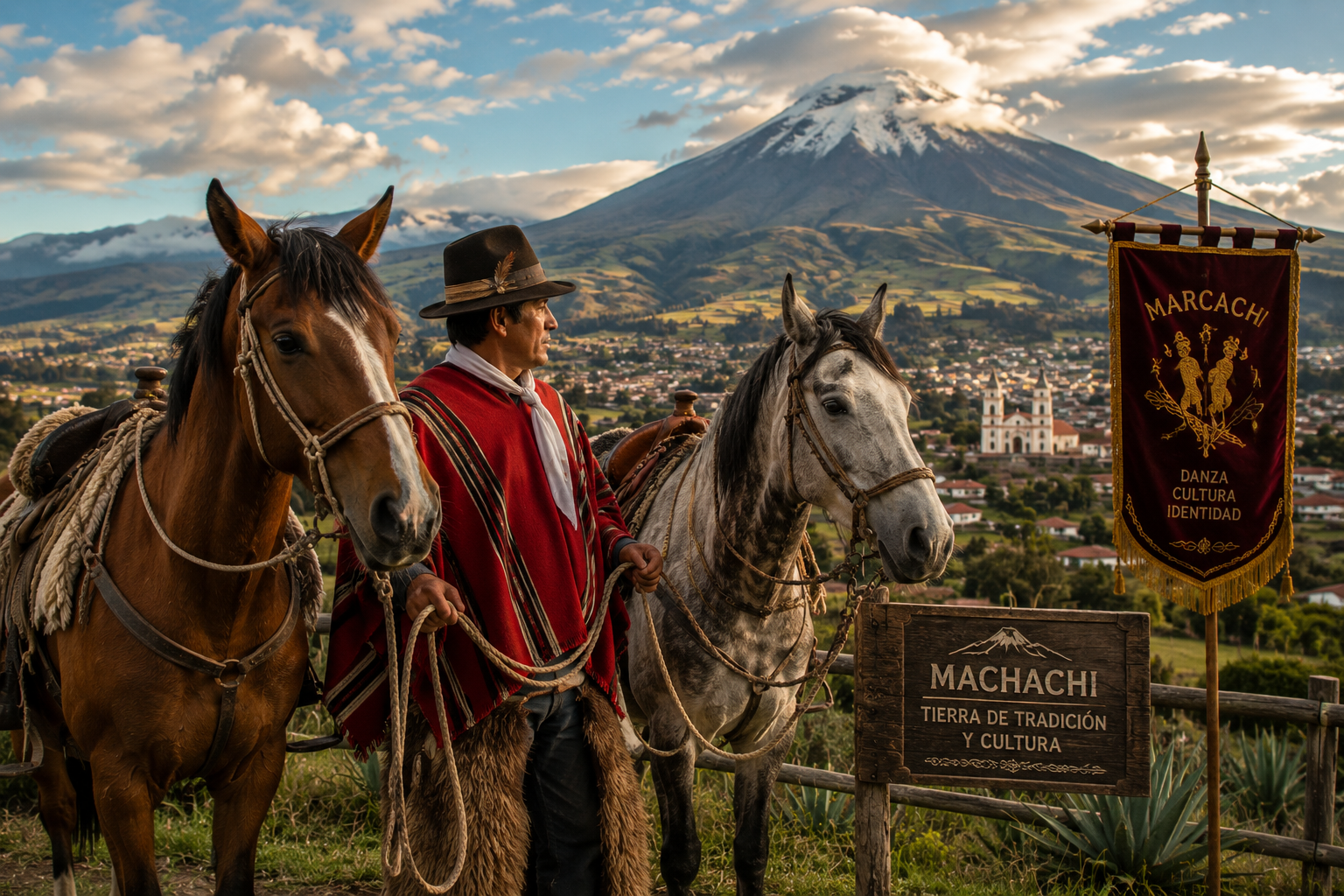 Jinete chagra con caballos frente al volcán Cotopaxi, en Machachi